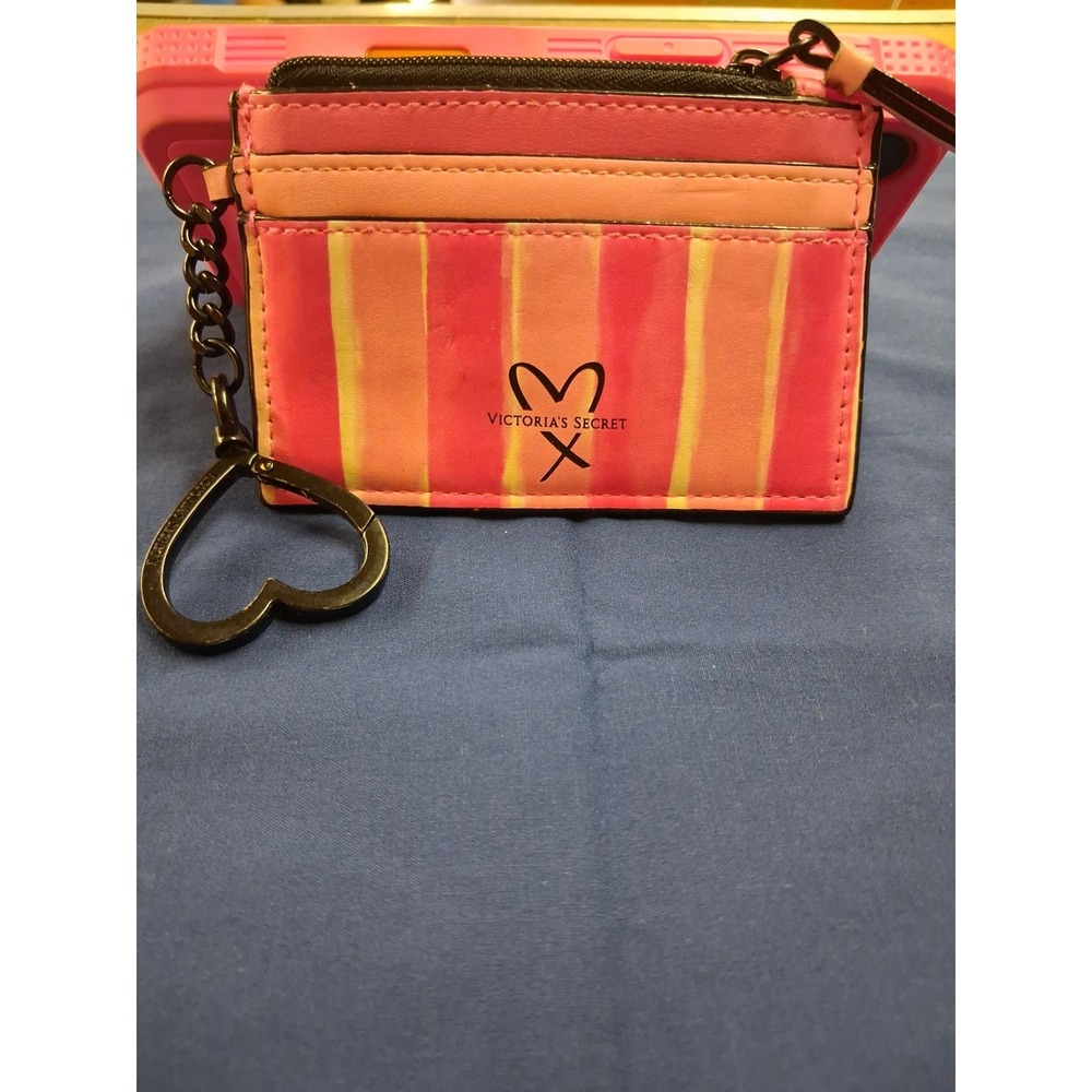 VICTORIA'S SECRET CARD & COIN KEYCHAIN WALLET LEATHER STRIPED PINK 3" x 4.25"